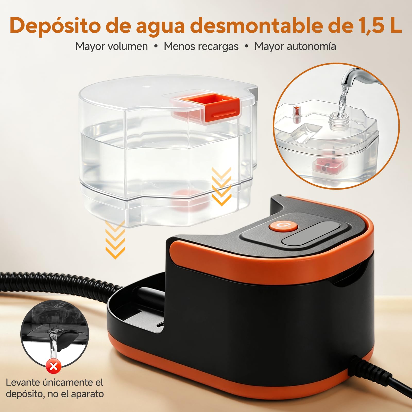 Vaporeta Limpieza Hogar 105°C Alta Presión con Depósito Extraíble 1,5L | Calentamiento en 30s, 3 niveles de vapor y depósito extraíble de 1,5 L para limpiar cocina, baño, coche y tapicerías.