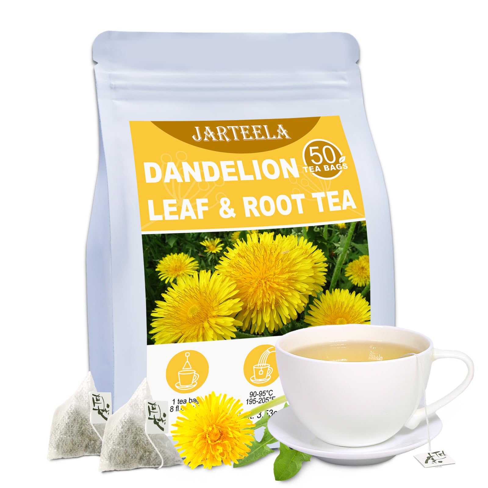 Jarteela - Dandelion Leaf & Root Tea Bags - 2g x 50 Count - Premium Dandelion Tea - Non-GMO - Caffeine-Free - Support Kidney Health & Enhance Immune