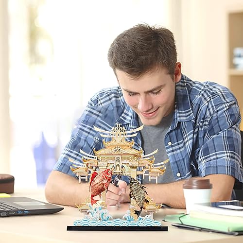 Miniatura 8 de Piececool Kit de modelos de rompecabezas de metal 3D, modelos de carpas de Dragon Gate, kit de construcción para adultos, rompecabezas 3D de