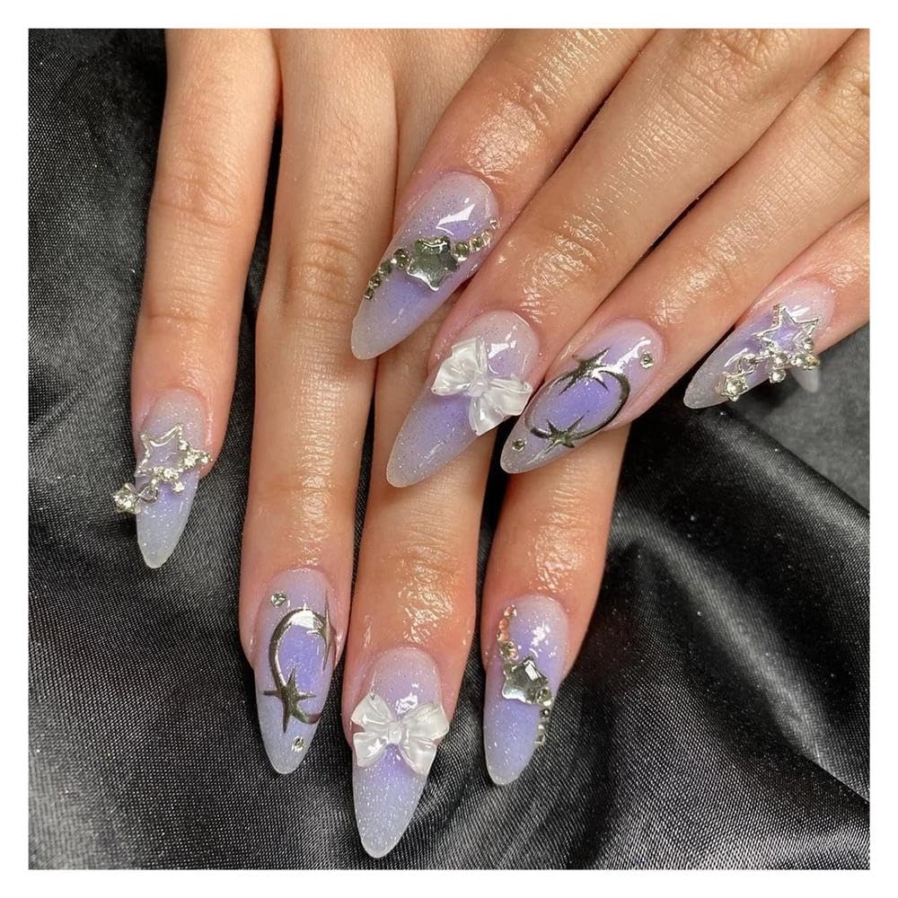 24Pcs Pink Cloud Star Moon Acrylic Press On Nails Almond Wearable Full Cover False Nails DIY Manicure(Y7)