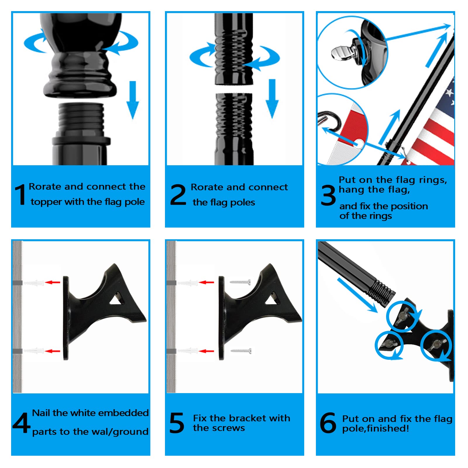 Flag Pole Kit,Sturdy Flag Poles for 3x5 Flags Outdoor 6FT Stainless Steel Flag Pole Hoder For Outside House (Black)