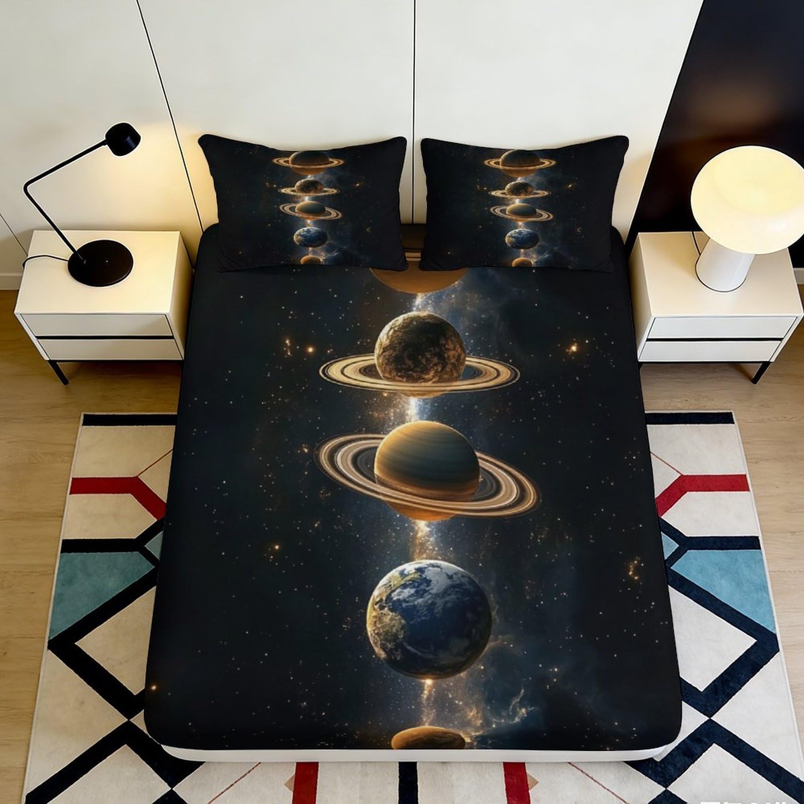 3D Printed Planet Saturn Fitted Sheet Microfiber Soft Cosmic Universe Mattress Cover Bedroom Decor 90x200x25cm