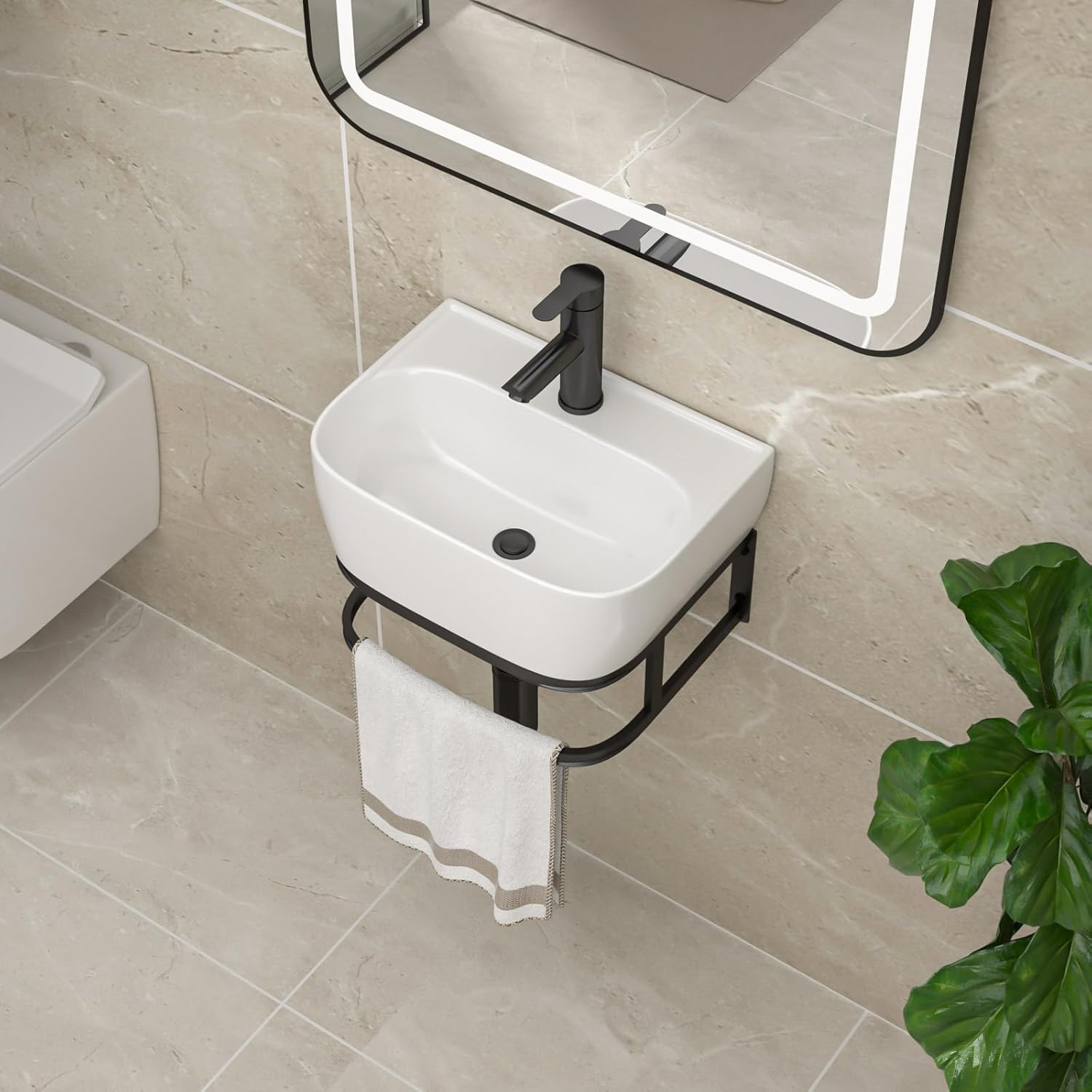 Wall Mount Sink with Towel Rack And Faucet - 16" x 12" Modern Wall Mounted Bathroom Sink Commercial Small Bathrooms Wall Hung Sinks White Rectangular Porcelain Ceramic Sinks #TLVS-0032