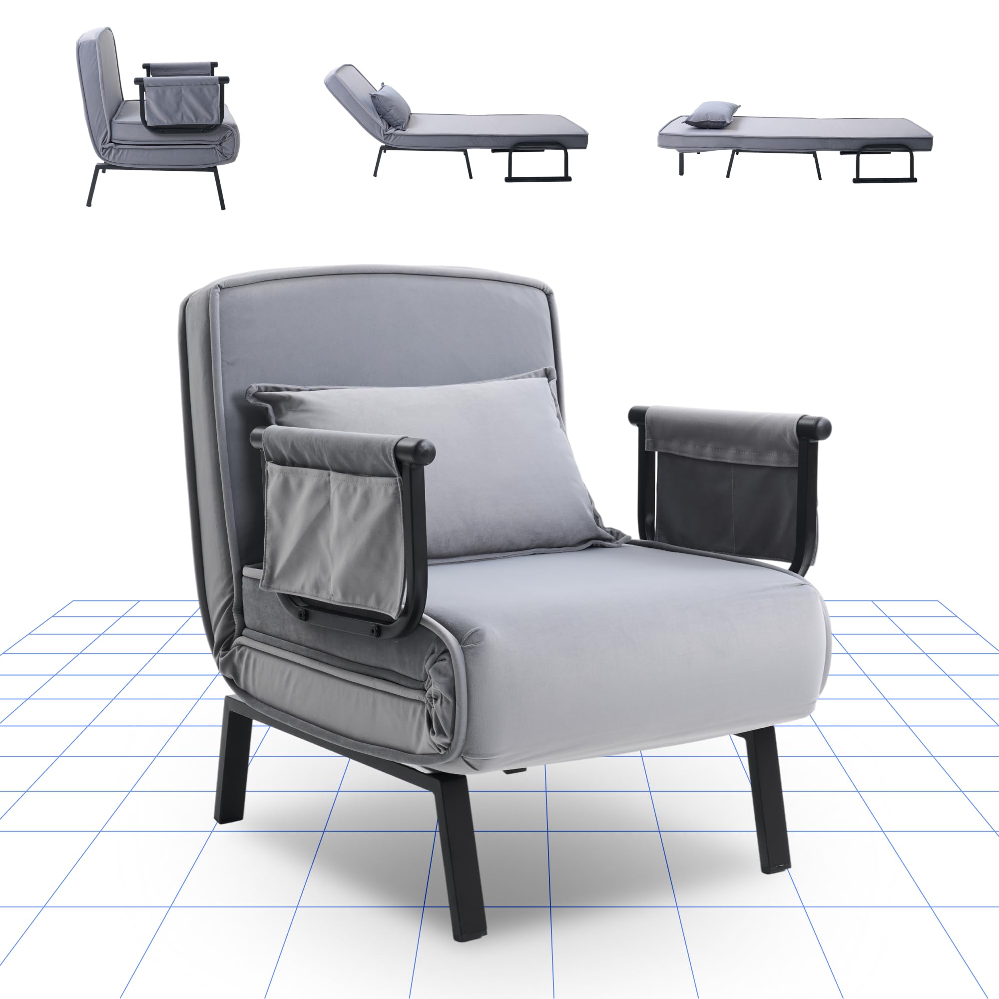 FLEXISPOT Sillón Cama 3 en 1 con función de Cama, Respaldo Ajustable, sofá Cama de Lino con Bolsillo Lateral, Patas Plegables, Ahorra Espacio para salón, Dormitorio u Oficina (Gris)
