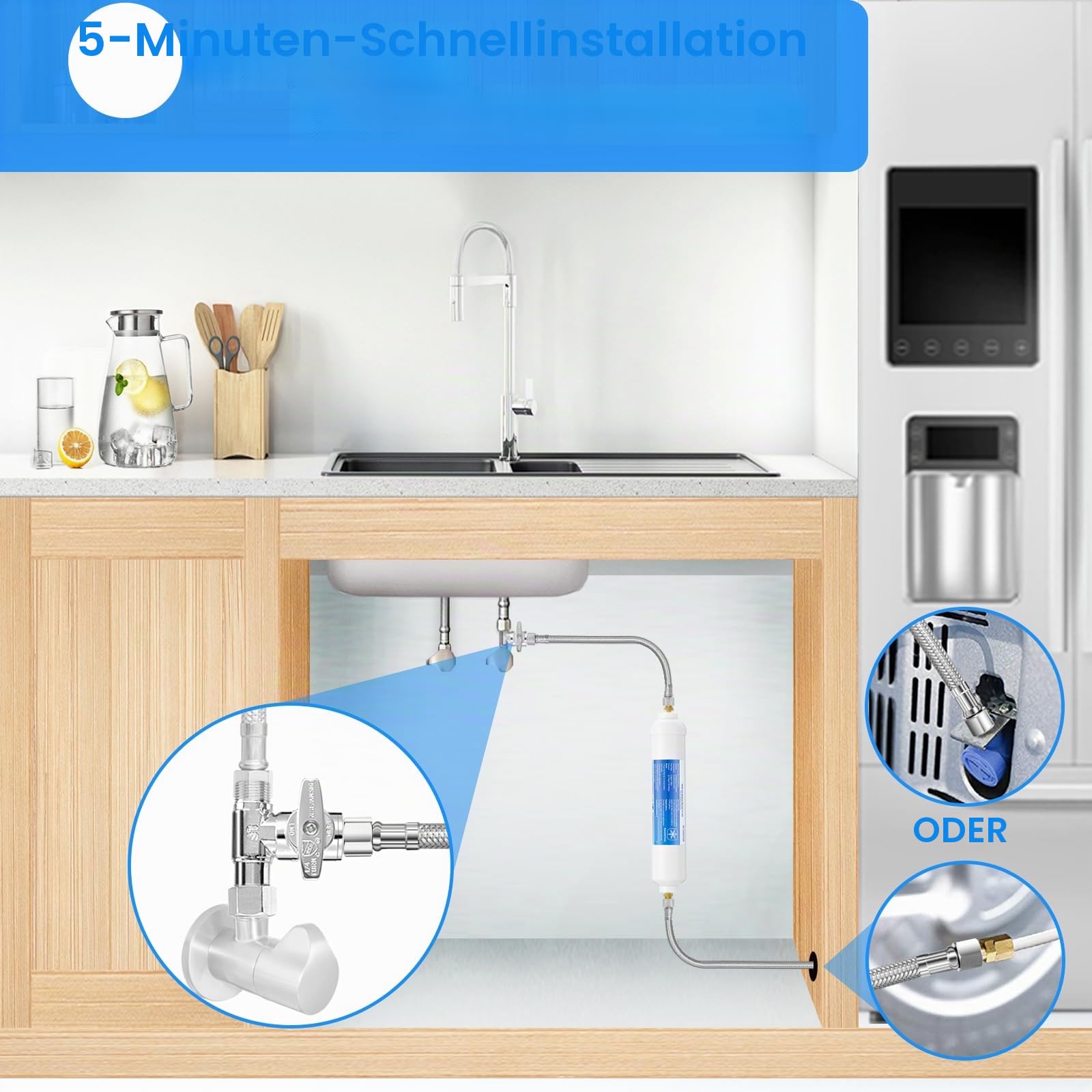 Kühlschrank-Wasserleitungs-Set, 9,2 m, Premium-Edelstahl-geflochtene Kühlschrank-Wasserleitung mit T-Abschlagventil, lebensmittelechter PEX-Innenschlauch, Eisbereiter, Wasserleitung mit 6,35 mm