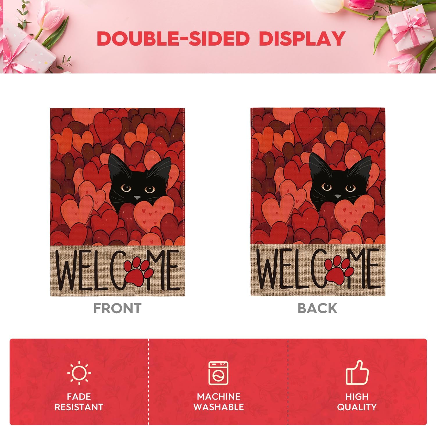 AVOIN colorlife Valentines Day Garden Flag 12x18 Inch Double Sided Outside, Black Cat Love Hearts Welcome Yard Outdoor Flag - Image 6