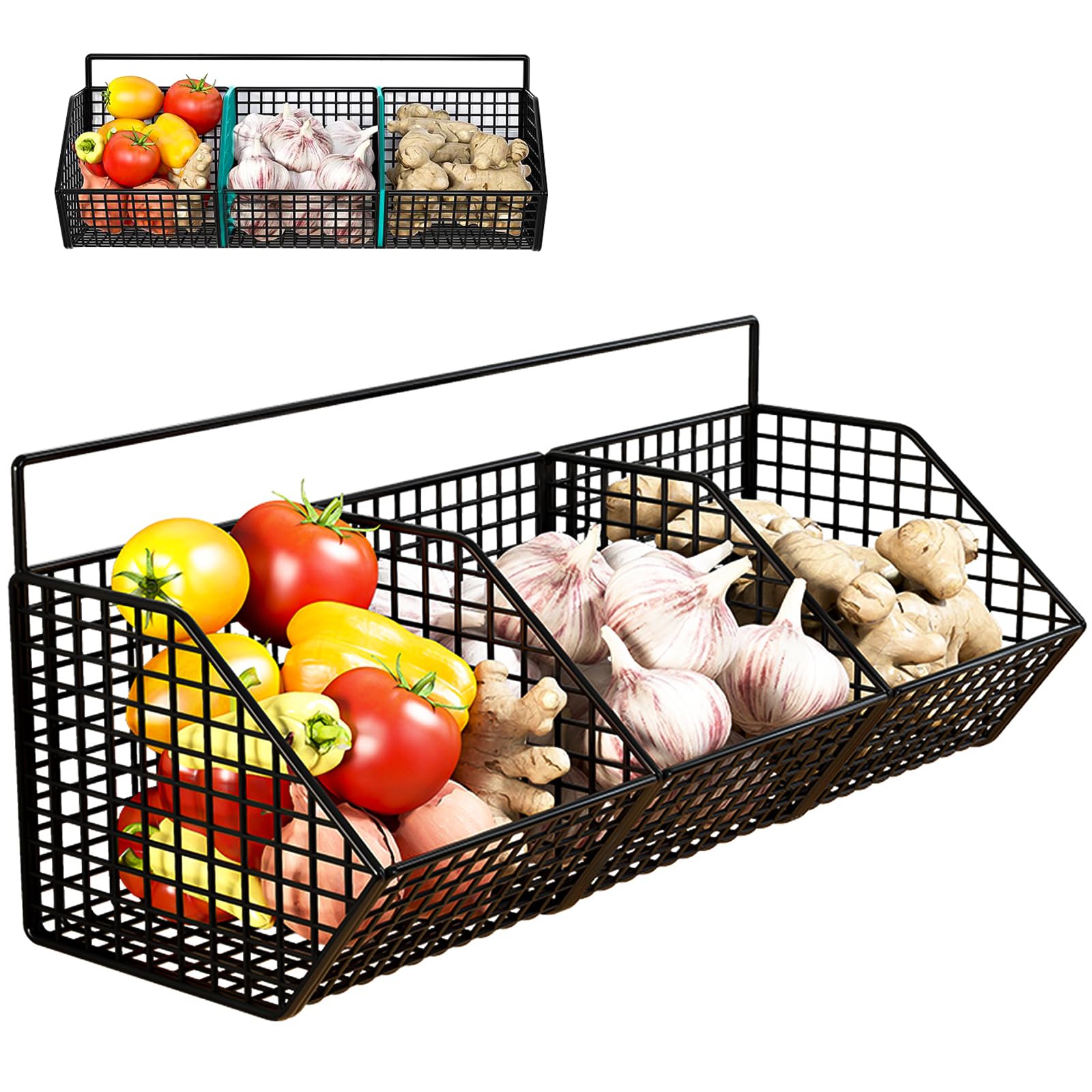 Panier De Rangement Mural à 3 Grilles En Fer - Noir Antirouille - Pour Cuisine, Salle De Bain - Fruits, Légumes, Produits