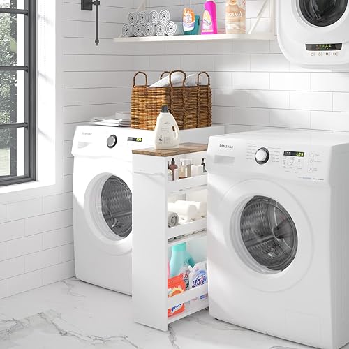 Miniatura 5 de TEAMIX Carrito de almacenamiento delgado blanco de 4 niveles con asa, carrito de almacenamiento deslizante con ruedas, carrito organizador de