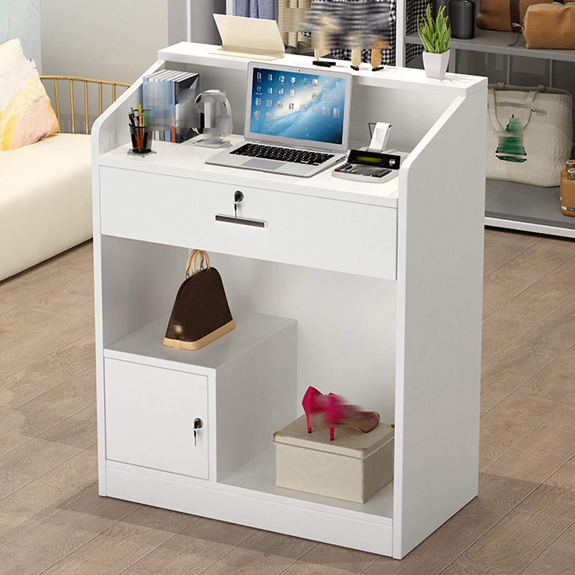 Moderno banco reception e banco casse – versatile scrivania segretaria ed elegante postazione di lavoro per casa, ufficio, salone, atrio, spazi commerciali e uso aziendale