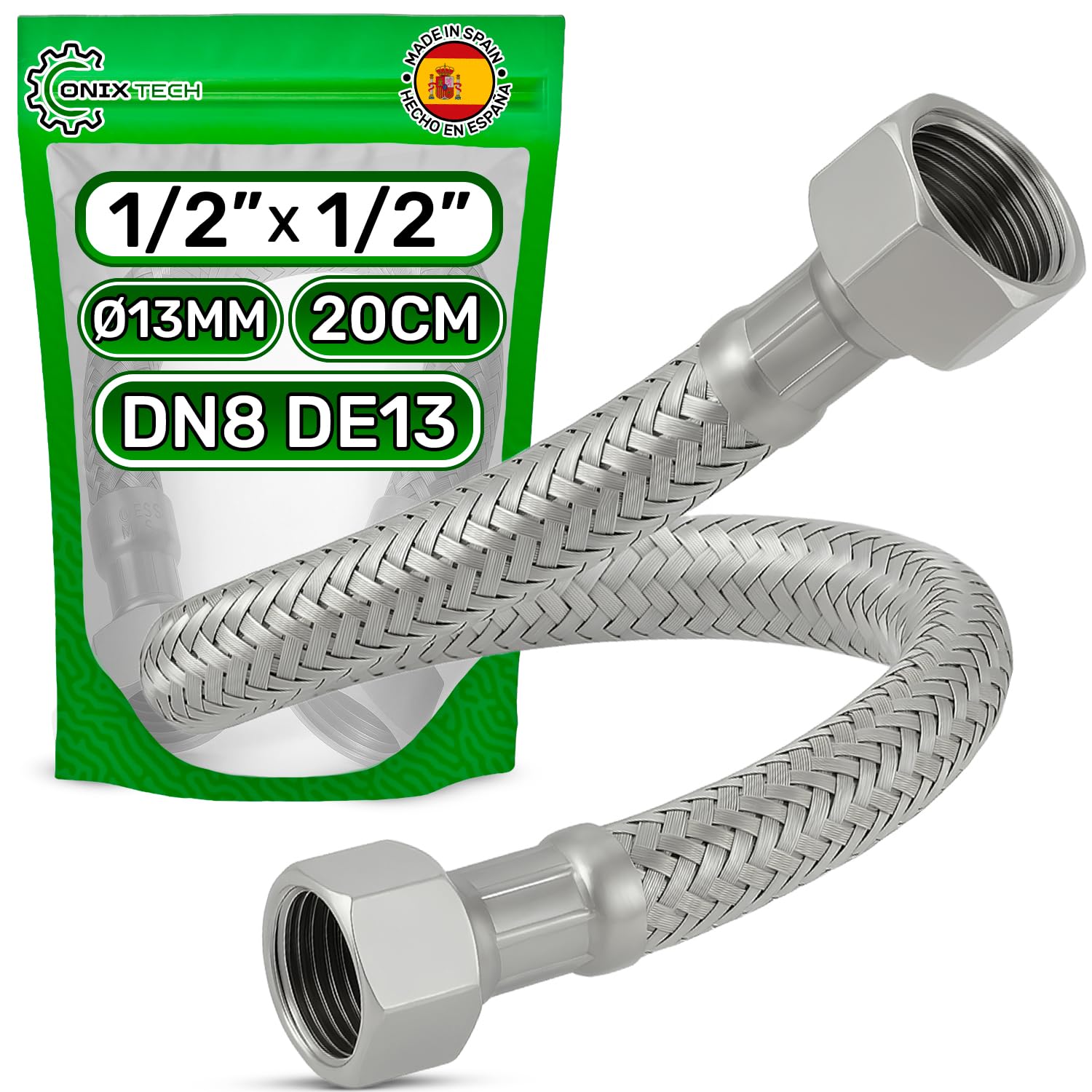 Tubo Corazzato 20 cm Femmina 1/2” x Femmina 1/2” DN8 DE13 - Tubo Flessibile Realizzato in Acciaio Inox Temperatura max 70°C Pressione di Esercizio 10 bar - Garanzia di 5 Anni - ONIX TECH