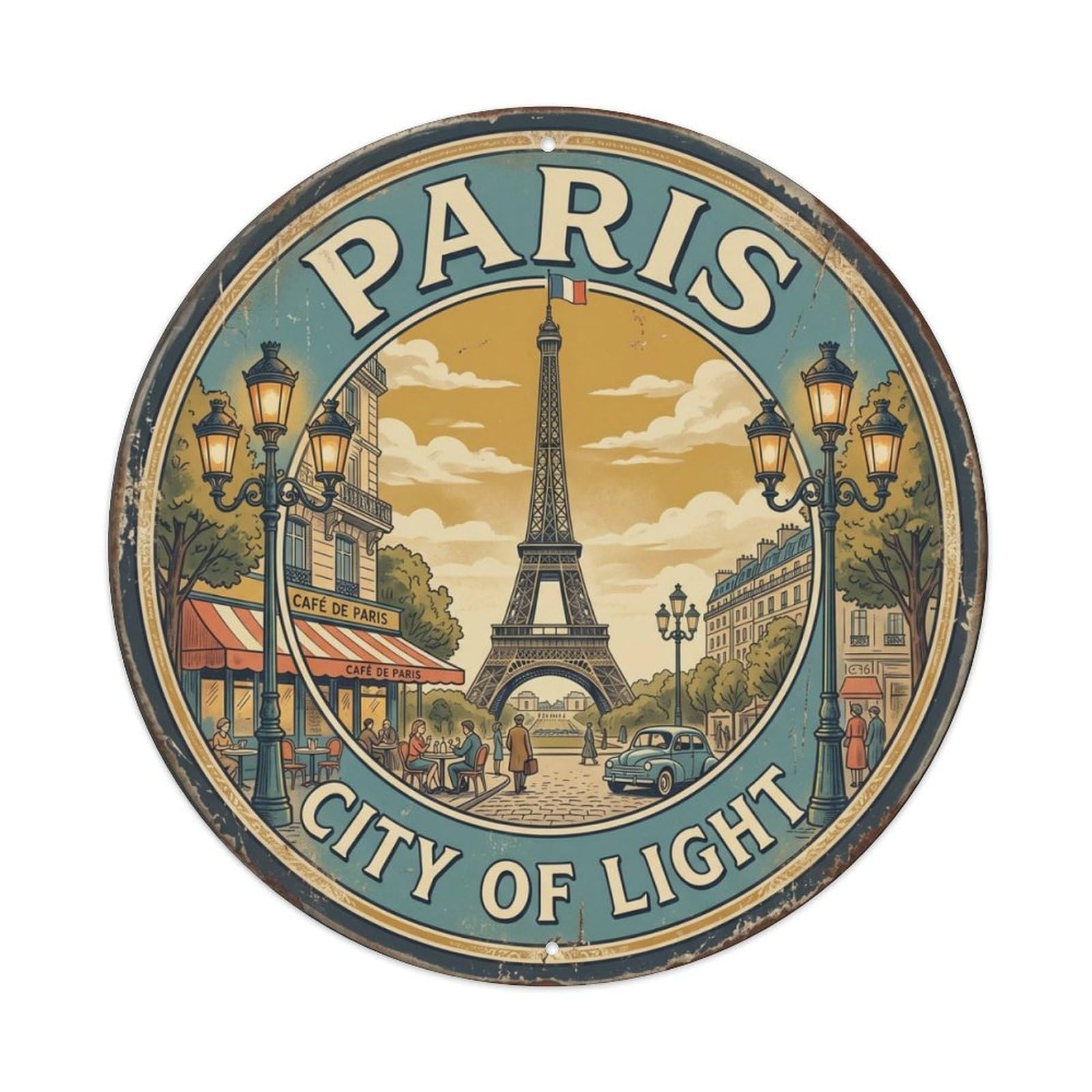 Vintage Travel Paris City of Light Metal Tin Sign Plaque Wall Decor for Cafe, Club Bar, Office, Home Garden Metal Poster 8x12Inch