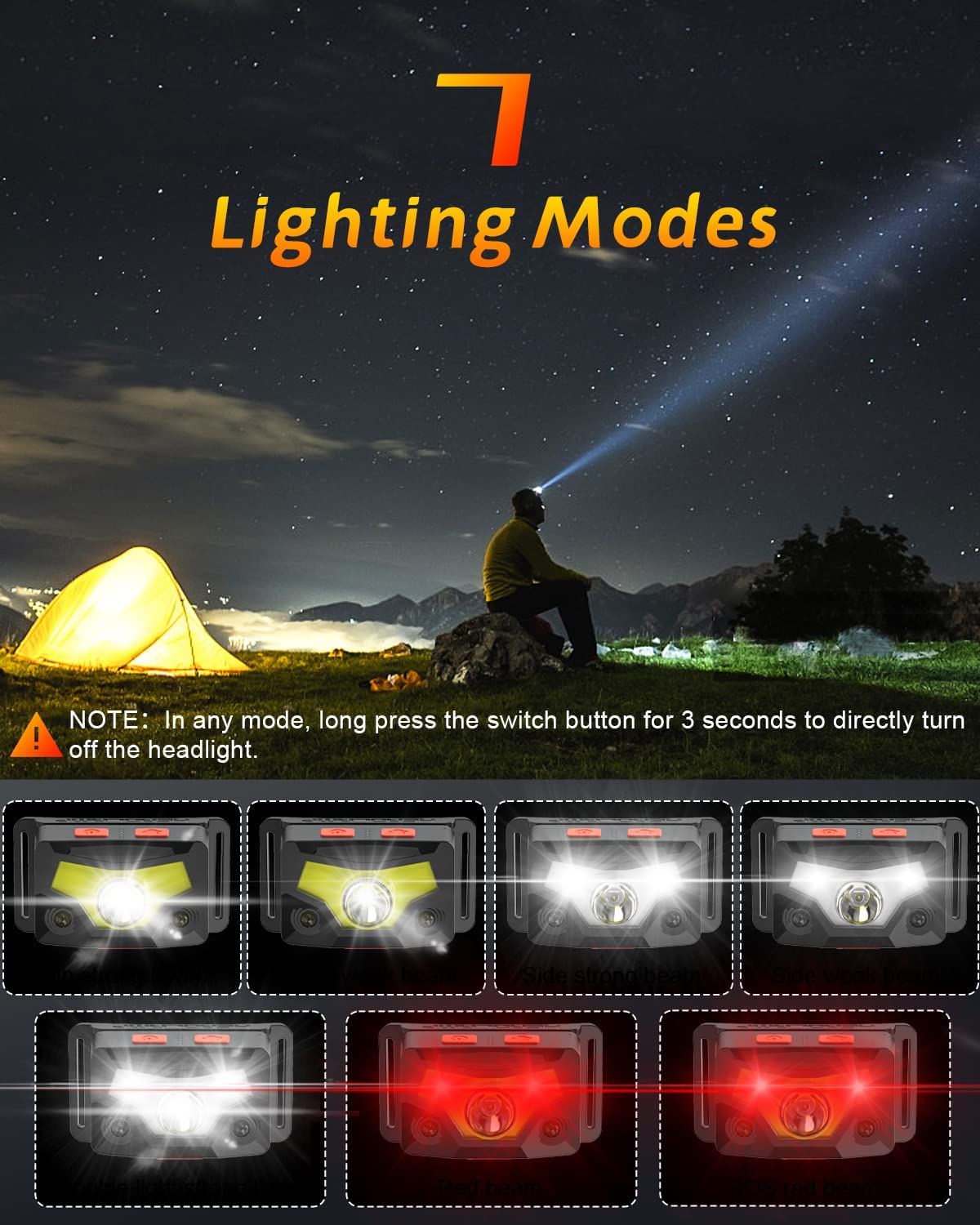 Lot de 2 lampes frontales à LED 1200 lumens super lumineuses avec détecteur de mouvement et lumière blanche rouge, 7 modes d'éclairage pour camping, cyclisme, course à pied, pêche
