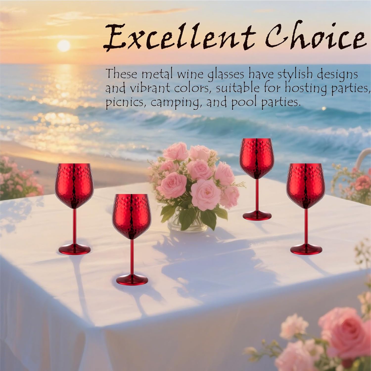 Stainless Steel Wine Glasses-18 oz Unbreakable Hammer point Wine Goblets, Elegant Unique Metal Wine Glass for Outdoor, Travel, Camping, Pool,Gift for Wine Lovers (Set of 4) (Red)