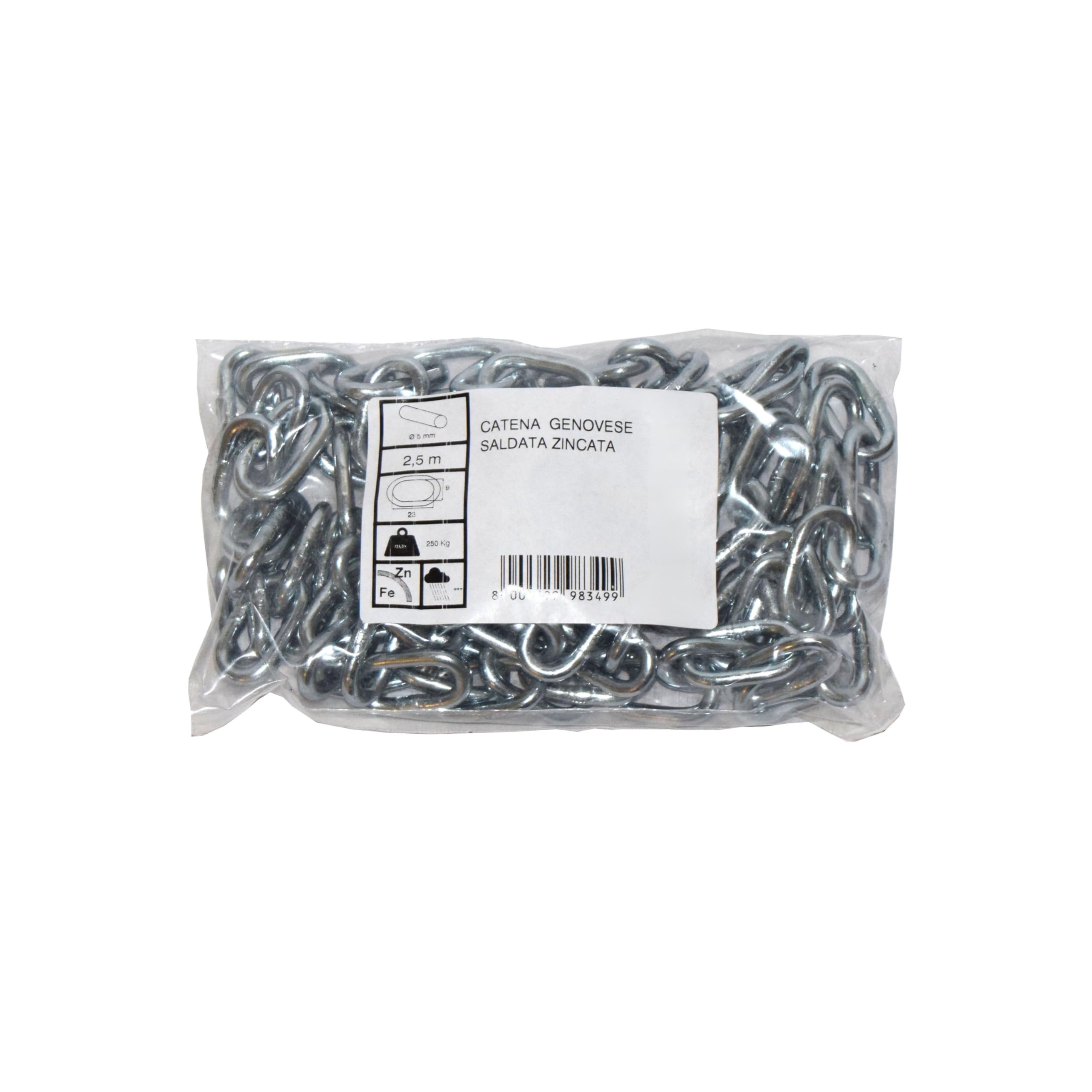 Cadena soldada genovesa de acero galvanizado electrolítico – Alta resistencia – 100% fabricada en Italia – Disponible en varias medidas y diámetros (Ø 5 mm – 2,5 metros)