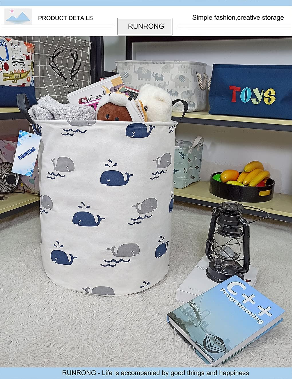 RUNRONG Large Size Round Storage Basket Foldable Waterproof Canvas Laundry Hamper with Handles Nursery Organizer for Bedroom /Living Room/Bathroom(Round Swimming Whale) : Baby