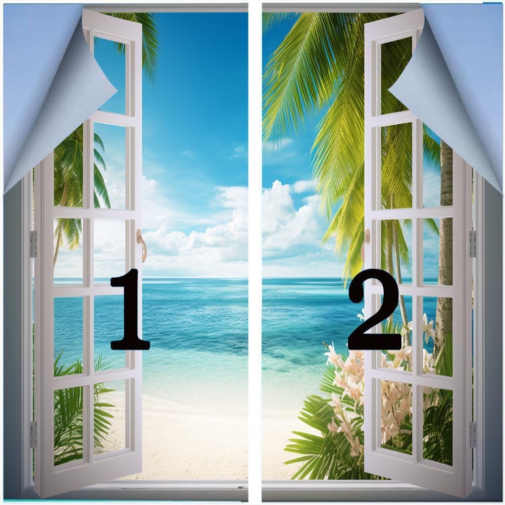 Opening Window Sea View Stained Glass Window Film Modern Coconut Tree Ocean Privacy Window Film Glass Door Covering Non-Adhesive Window Stickers for Room Kitchen 35.4Wx63L-inch x2 Pcs