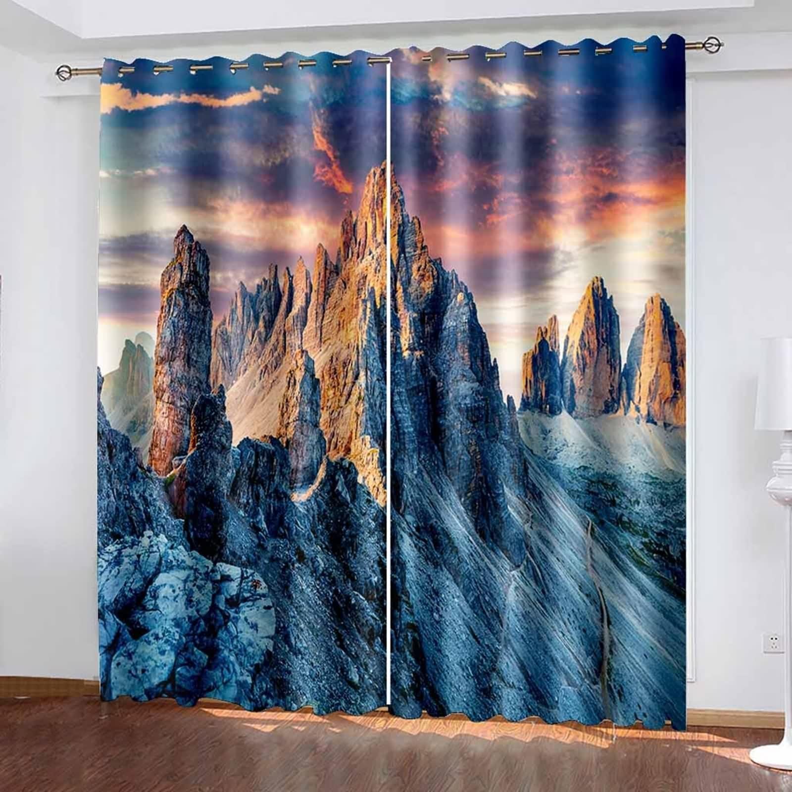 Verdunklungsvorhänge Wohnzimmer, Gardinenstoff Vintage Graubraun Polyester Berglandschaft Dekoration 2er Set B 86 x H 183 cm