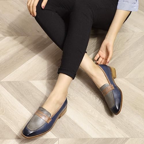 Miniatura 5 de Mona flying Women's Top Leather Square Toe Penny Loafer Dress Casual Slip on Flat Office Work Shoes for Ladies