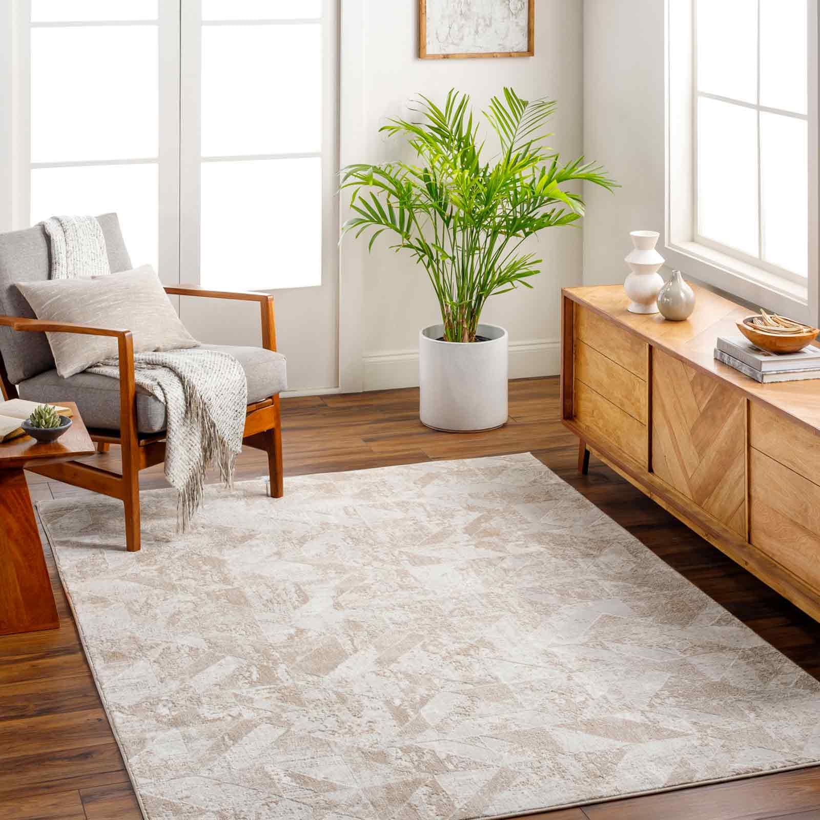 B&Q -  San Francisco-Abstract Ivory Tan Modern Marble Living Dining Bedroom Rug 200 X 275 Cm Easy CareNon Shedding