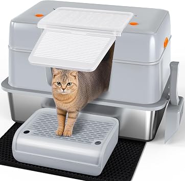 Vivifying Stainless Steel Cat Litter Tray with Scoop, Step and Mat Grey