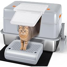 Vivifying Stainless Steel Cat Litter Tray with Scoop, Step and Mat Grey | High-Sided, Removable Metal Enclosed Stainless Steel Cat Litter Box with Lid