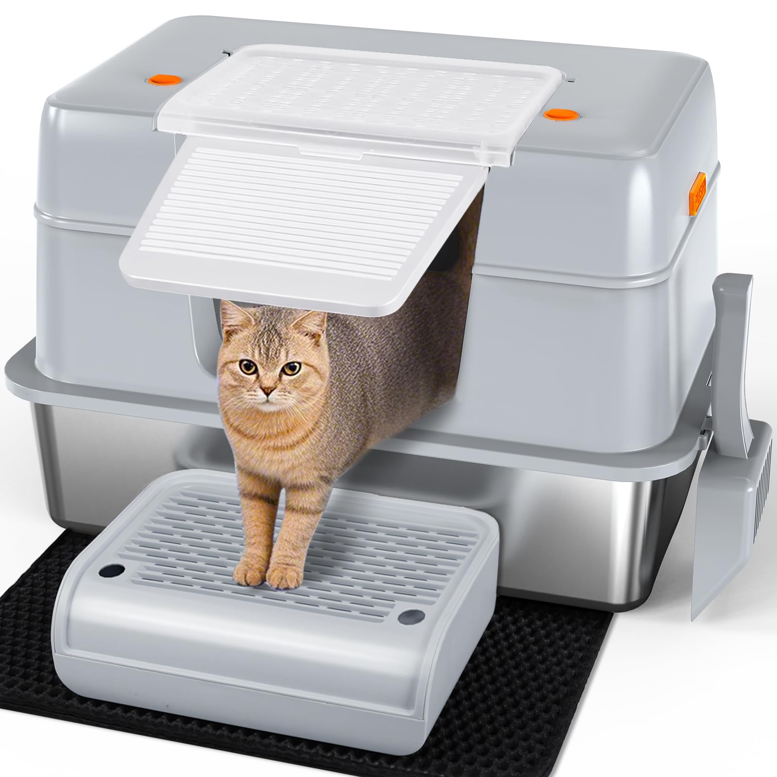 Vivifying Stainless Steel Cat Litter Tray, High-Sided, Removable and Metal Enclosed Stainless Steel Cat Litter Box with Lid with Scoop, Steps and Mat (Grey) — image 1
