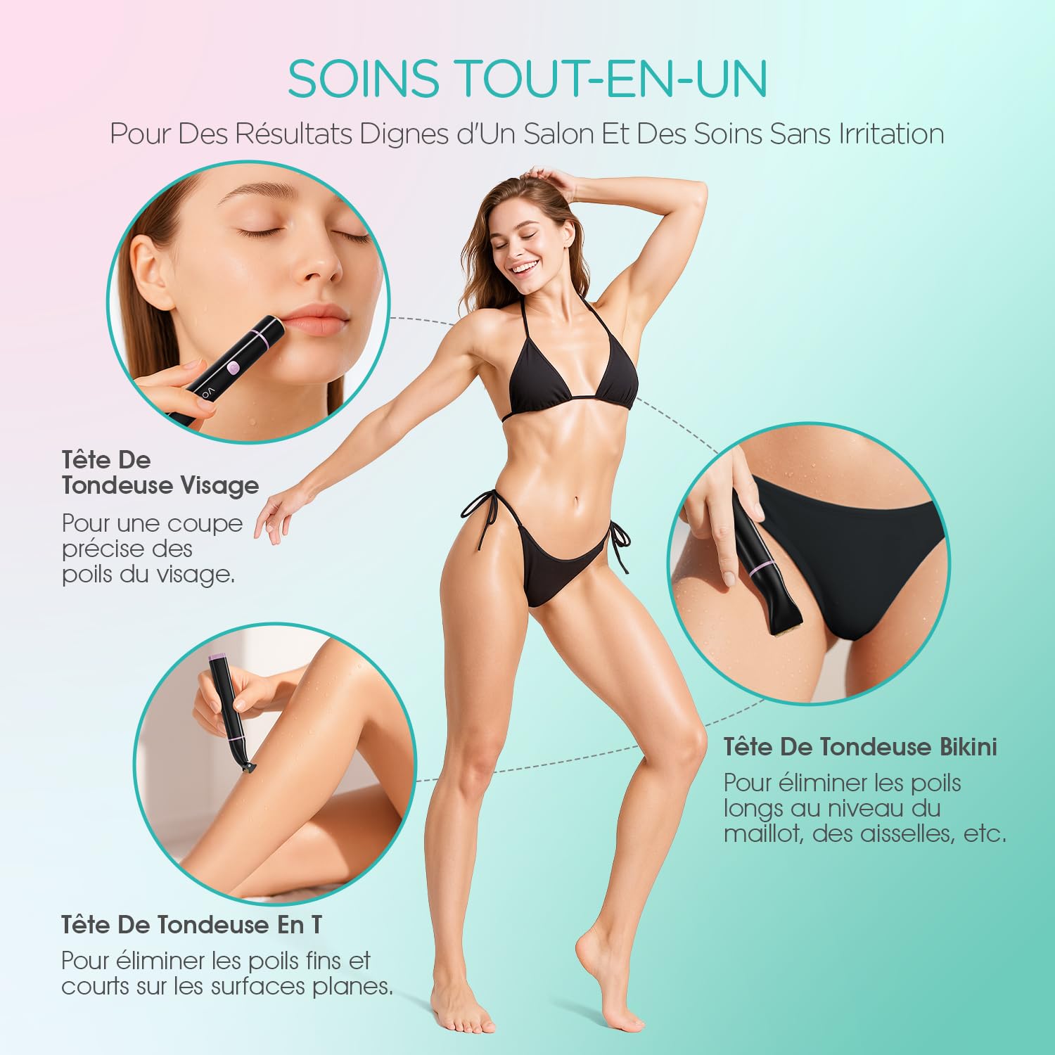 VOGOE Rasoir Electrique Femme, Tondeuse Femme 3-en-1, Tondeuse Femme Intime Sans Fil, Compacte et Étanche pour Corps, Visage et Zone Bikini, Noir ES210