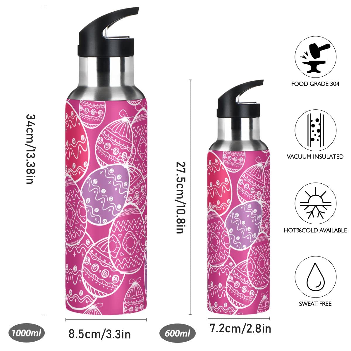 Edelstahl Wasserflasche mit Strohhalm, Ostereier Isolierte Trinkflasche Sport Wasserflasche für Kinder Erwachsene, auslaufsicher, 1L