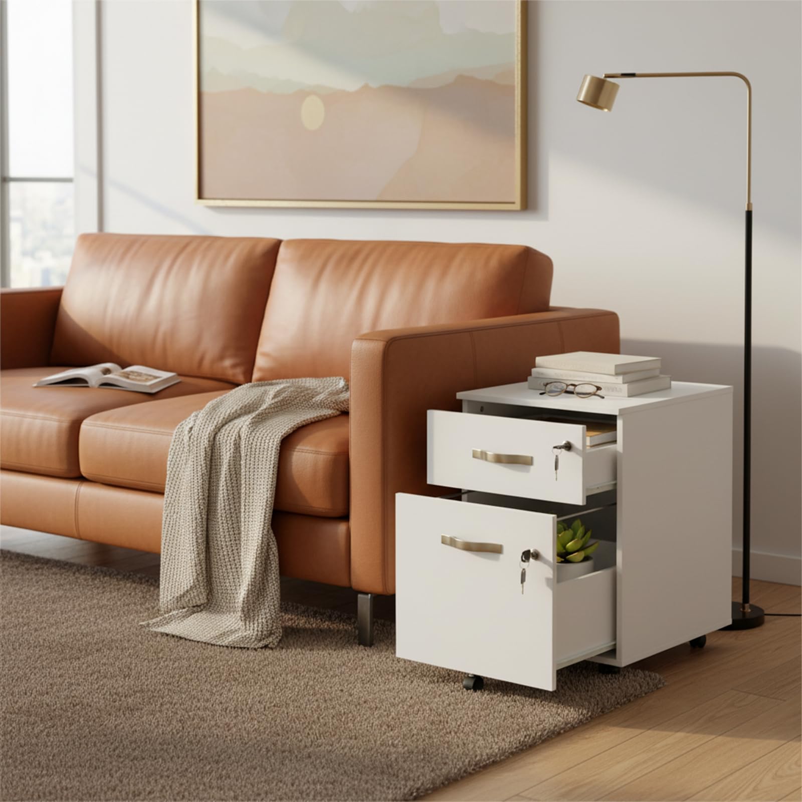 Caisson de Rangement, Meuble Bureau à 5 roulettes, 2 Tiroirs, Verrouillable Meuble sous Bureau 53.5 cm Hauteur, Blanc