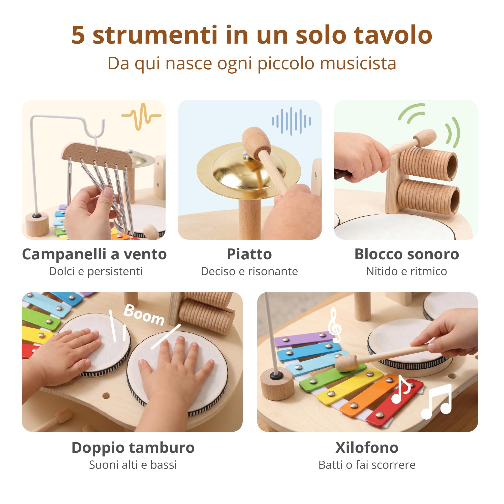 Strumenti Musicali in Legno per Bambini da 1 a 3 Anni, Batteria Montessori con Tamburo, Xilofono e Percussioni, Giocattolo Musicale Educativo, Regalo per Bambine e Bambini