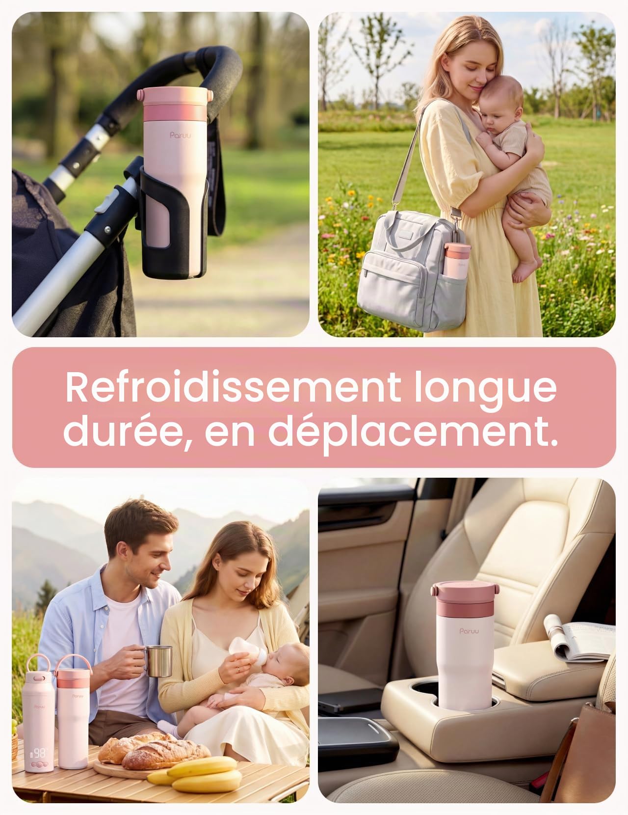 Paruu Glaciere Lait Maternel, Pot Conservation Lait Maternel Portable en Acier Inoxydable 304, Maintien Froid 14–23 Heures, Contenant de 300-700ml, pour Voyages & Activités Extérieures, Rose