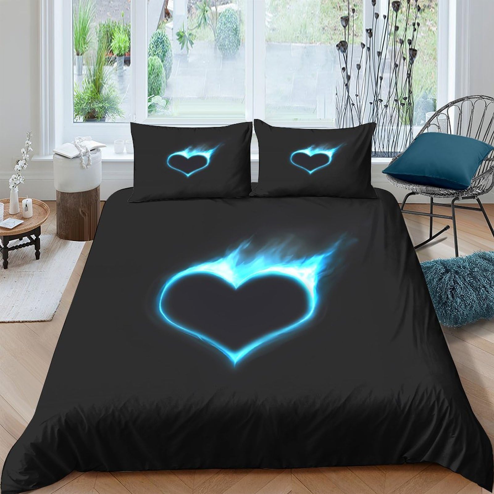Ctjqhvkz Style-9 3D Printed Flaming Heart Fitted Sheet Microfiber Soft Bedroom Decor Blue Fire Bed Cover Mattress Protection Single（135X200cm）