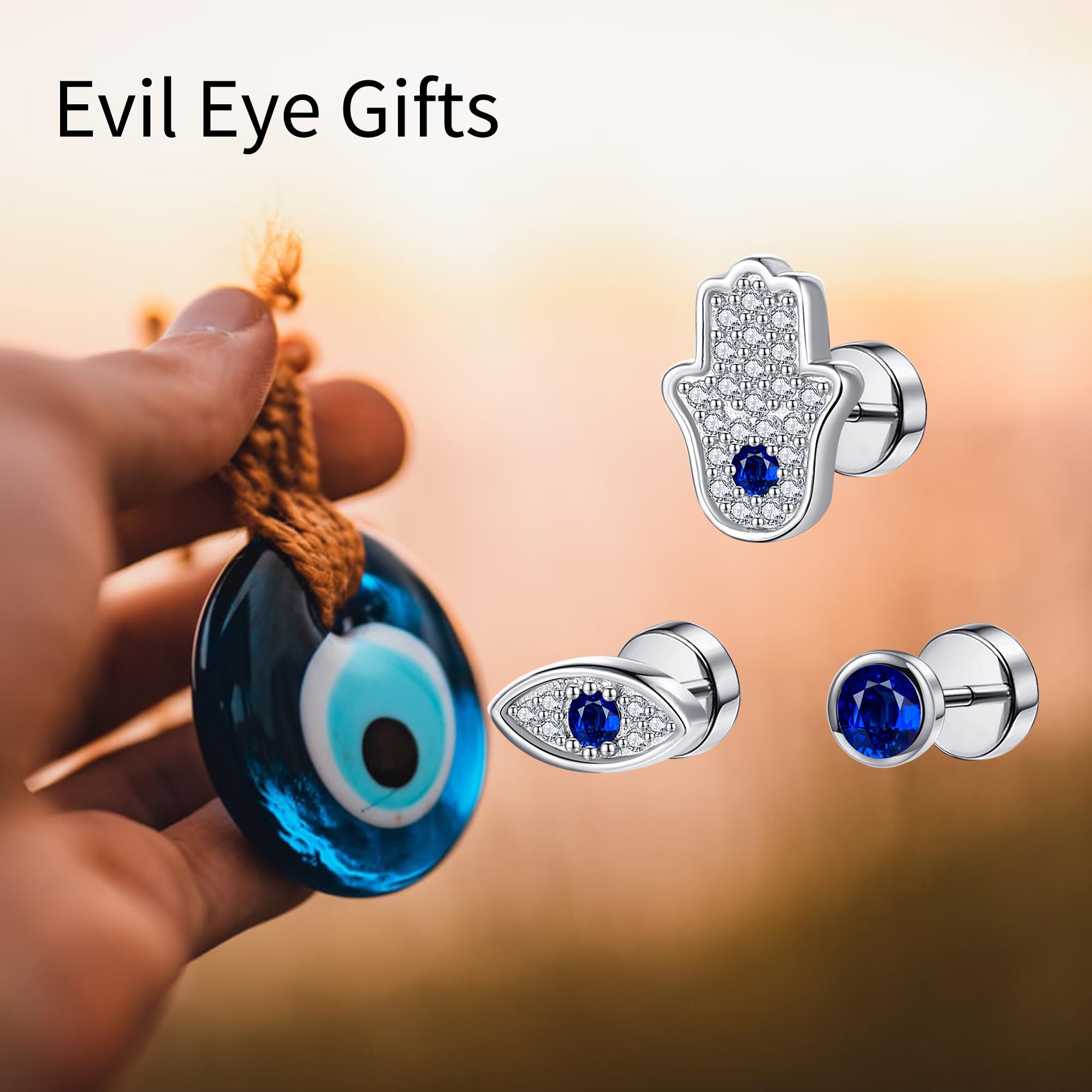 Pendientes de mal de ojo Plata 925 Nazar Eye Studs Cierre plano Mano de Fátima Flatback Studs Evil Eye Jewelry