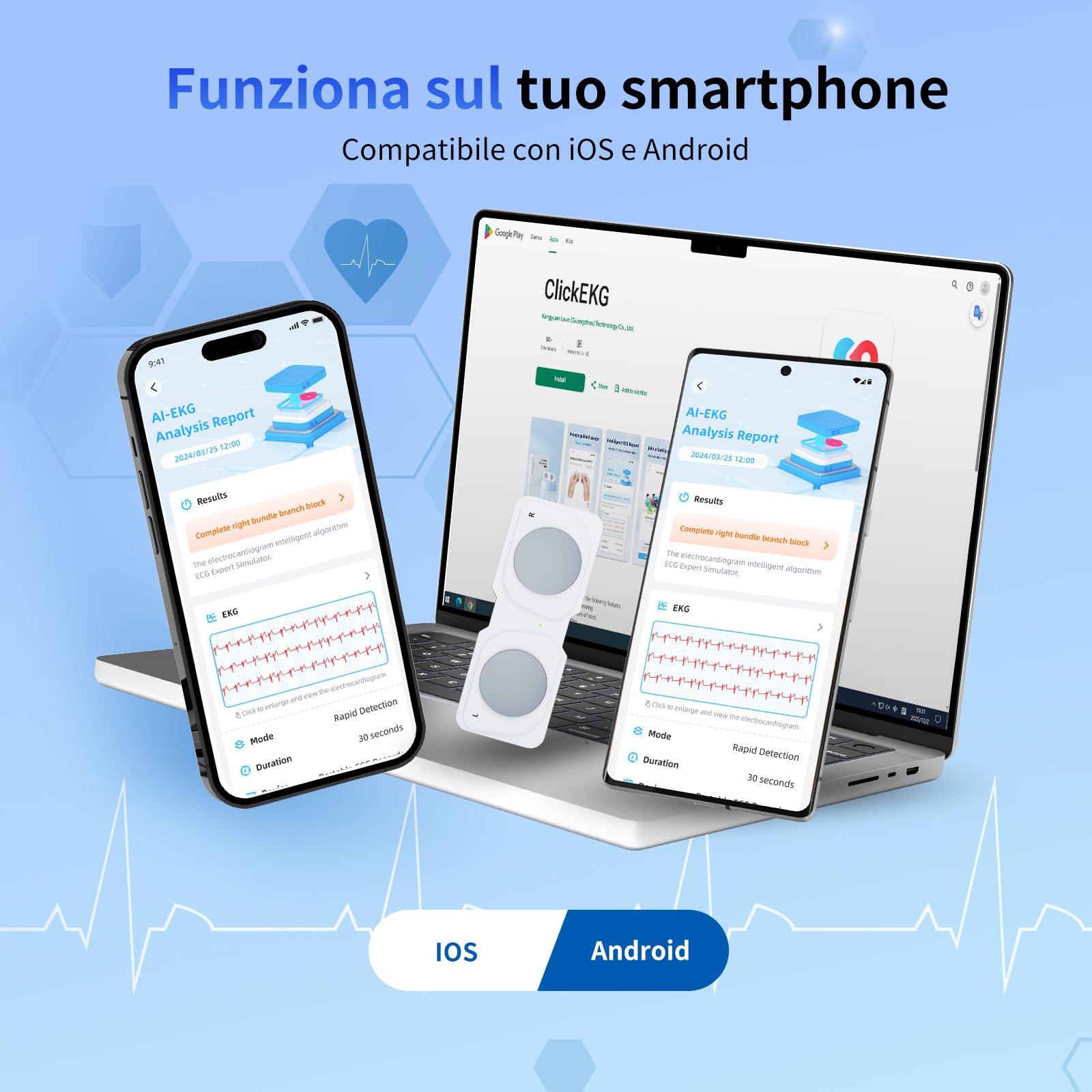 Monitor ECG mobile, dispositivo ECG personale, rileva fibrillazione atriale, bradicardia o tachicardia in 30 secondi, cardiofrequenzimetro, app per iOS/Android