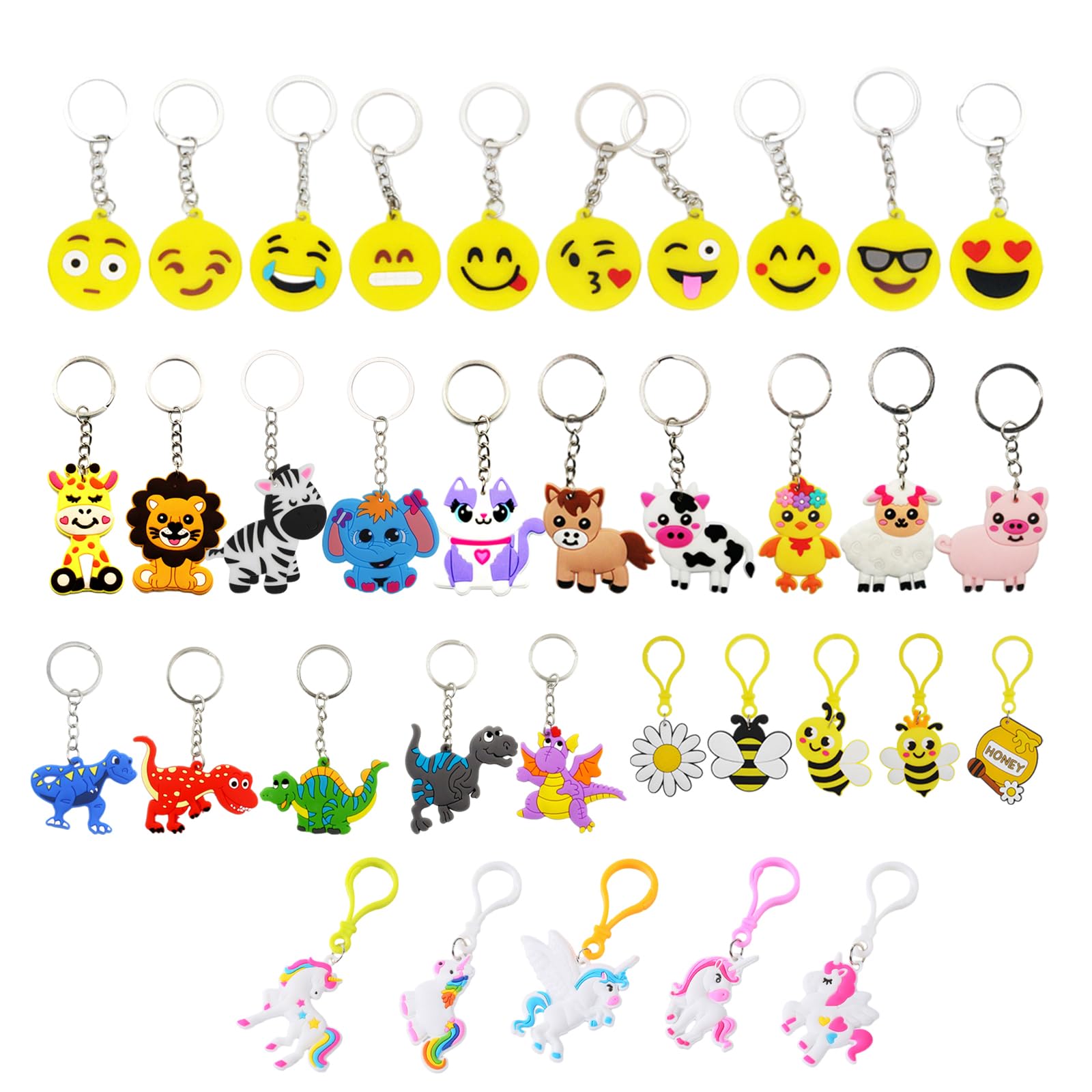 DALAETUS35 Pcs Mini Cartoon Keychain Set, Silicone Mini Keyring with Emoji Keyring, Animal Keyring, Unicorn Keyring, Dinosaur Keyring, Pendant for Birthday Party, Kids Party Bag Fillers, Party Favours Kids