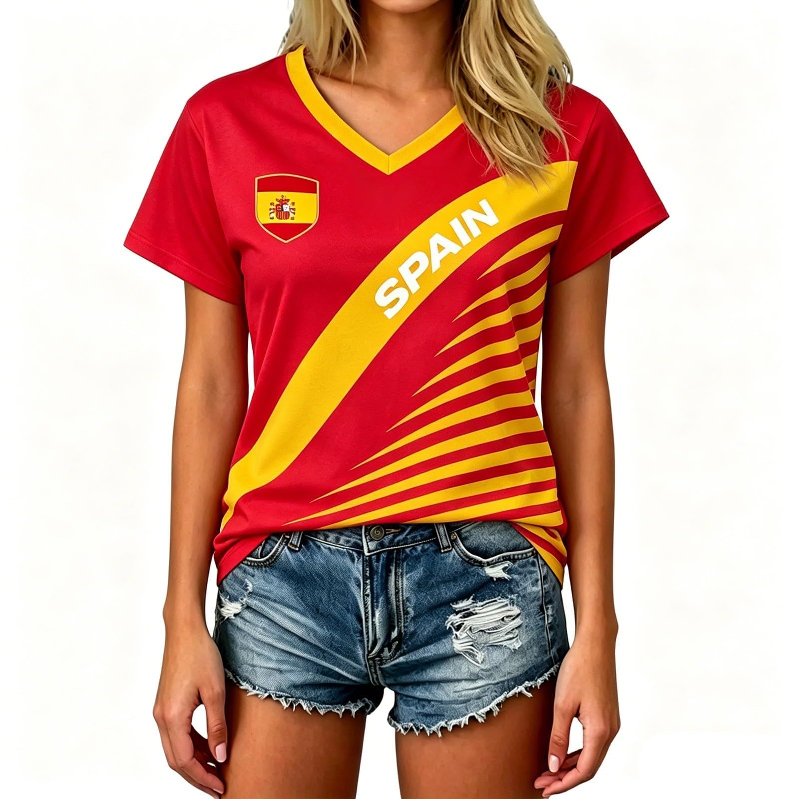 Spain Football T-Shirt for Women Short Sleeve V-Neck Shirts Spain Flag Comfortable Casual Tee Retro Soccer Jersey Adult and Kids Summer Tops (1-Yellow, 12-13 Years)