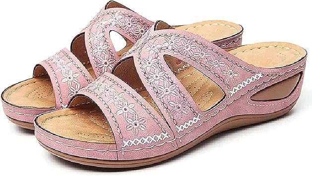 Women Orthopedic Wedge Sandals Comfy Peep Toe Slip on Slides Sandals Vintage Indoor Outdoor Summer Beach Slippers Shoes with Arch Support Orthotic Sandals,Pink,US8/EU40