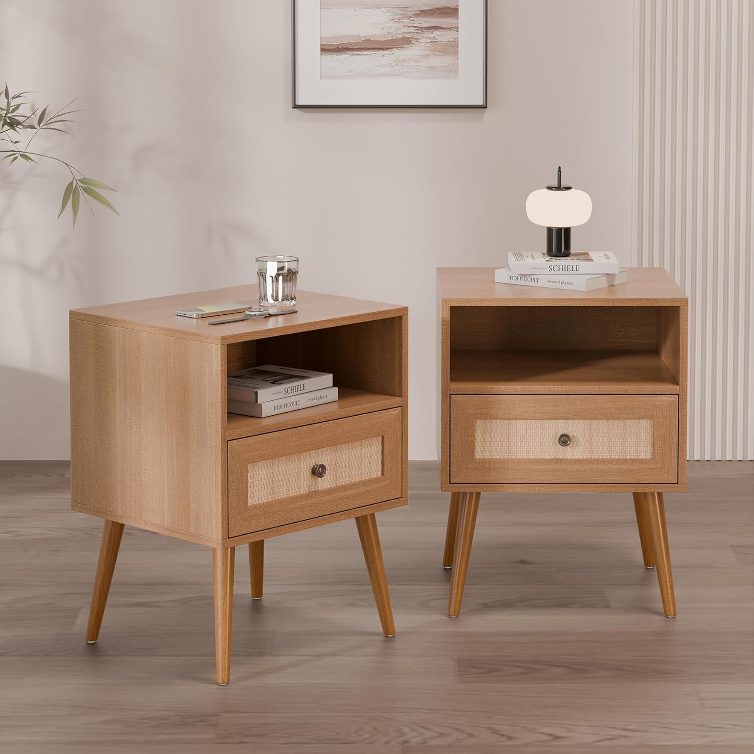 Modern Rattan Nightstand, Wicker Rattan Stand with Drawer and Charge Station, Wooden Bedside Table for Small Spaces, Natural Wood Side Table for Bedroom (with Charging Station, 2)