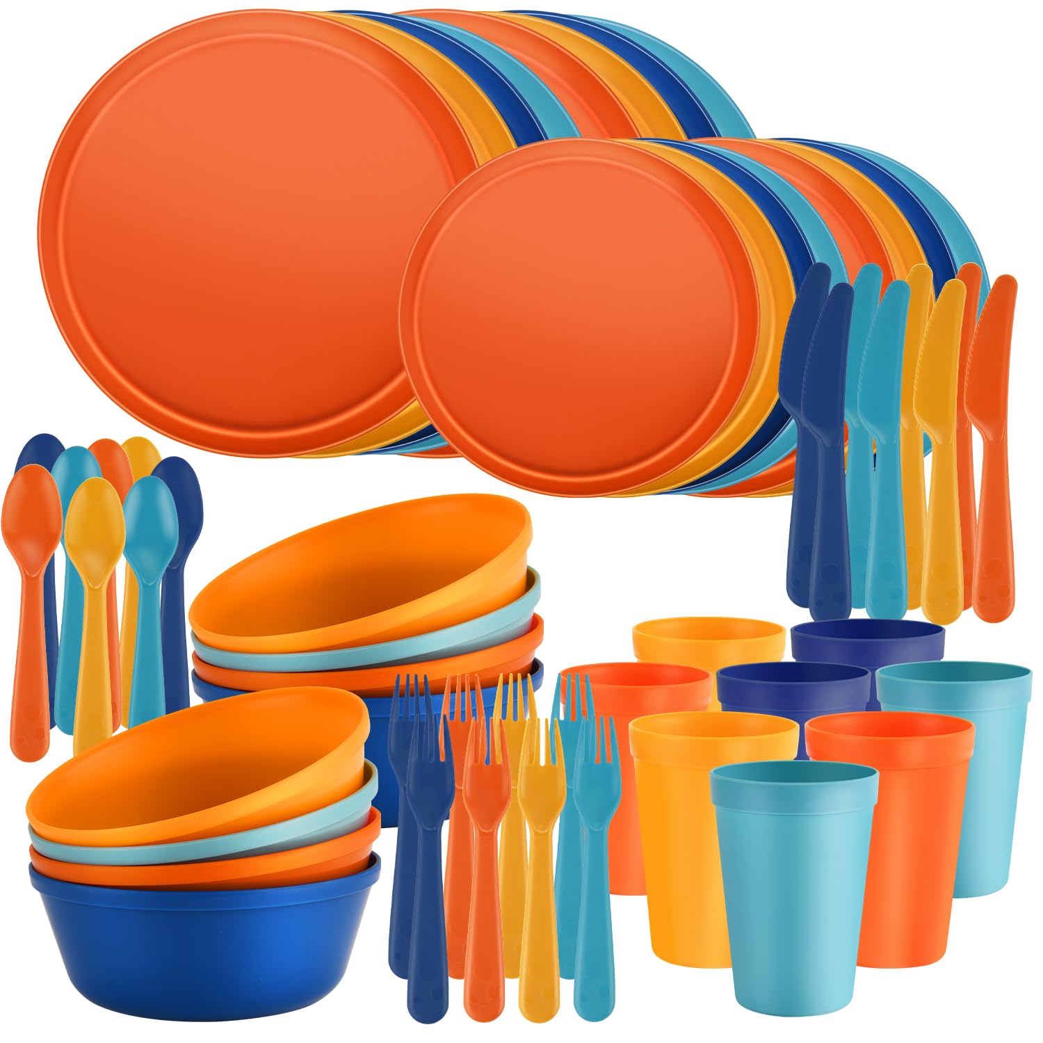 ZIVONA Plastic Dinnerware Sets – 40-Piece Colorful Plates and Bowls Set for 8, Reusable Unbreakable Fiesta Style Party Dishes with Cups, Knives, Forks and Spoons, for Outdoor, Picnic or Everyday Use