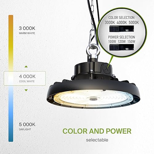 Miniatura 4 de ASD UFO LED High Bay Light 150w 19,479lm 5000K, 1-10V regulable, 120-277V, luz de área de almacén comercial impermeable IP69K Eqw.500W MHHPS, cuerda