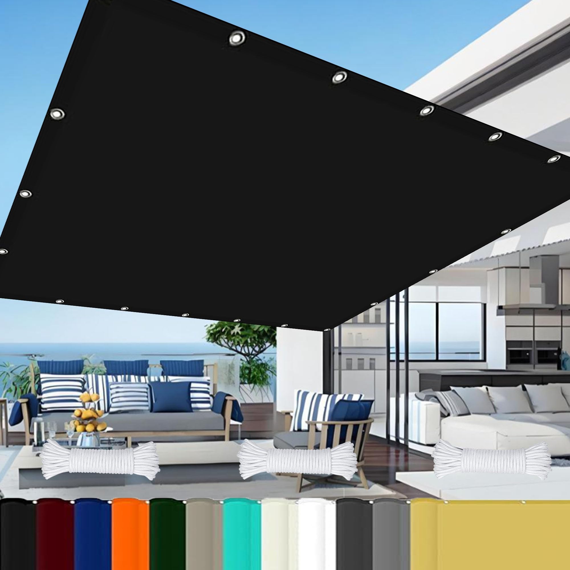Red de Sombreo para Invernaderos 6.5 x 7.5 m Resistente Al Agua con Ojales y Cuerdas Rayos UV HDPE Vela de Sombra Rectangular Vela Toldos para Barandilla Patio, Negro