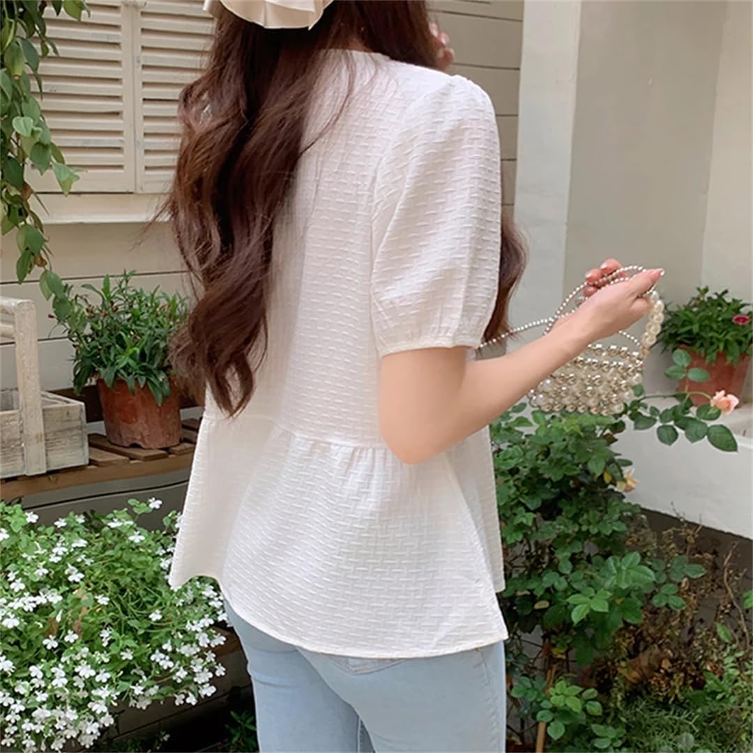 Camicetta da donna casual con volant a maniche corte estiva con scollo a V