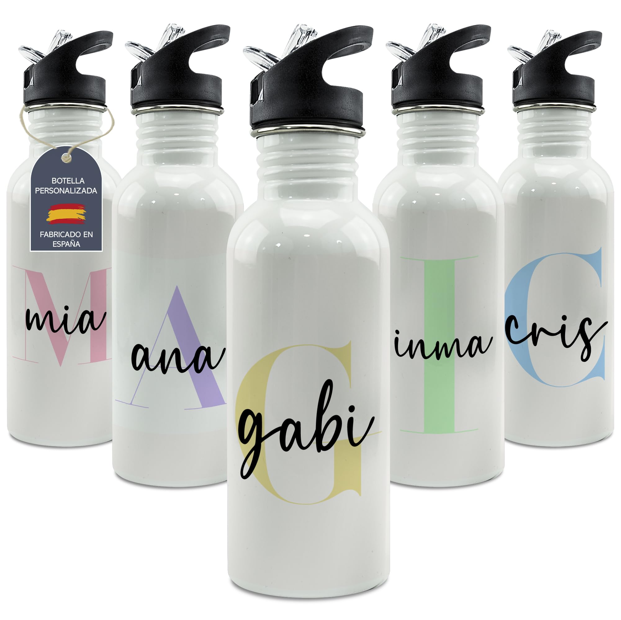 Botella Personalizada Nombre. Botellas de Agua Personalizadas. Botella agua acero inoxidable personalizada Gimnasio. Regalo Personalizado Mujer Hombre. Regalo Dia de la Madre. Straw Stop 600ml