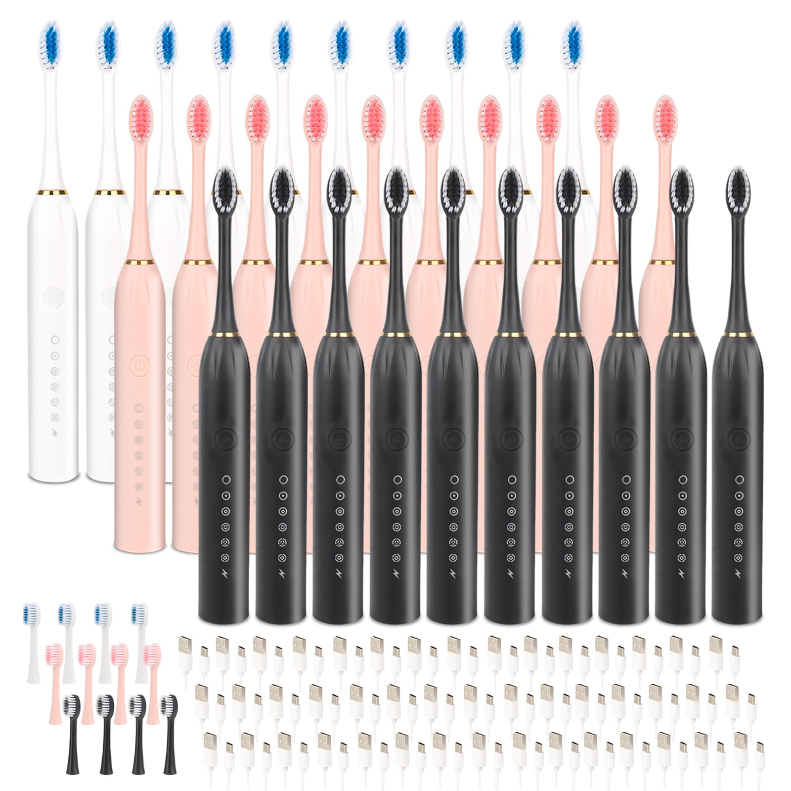 Confezione da 30 spazzolini elettrici per adulti, ricaricabile, con 4 testine, 6 modalità, funzione timer IPX7, impermeabile, 3 colori disponibili