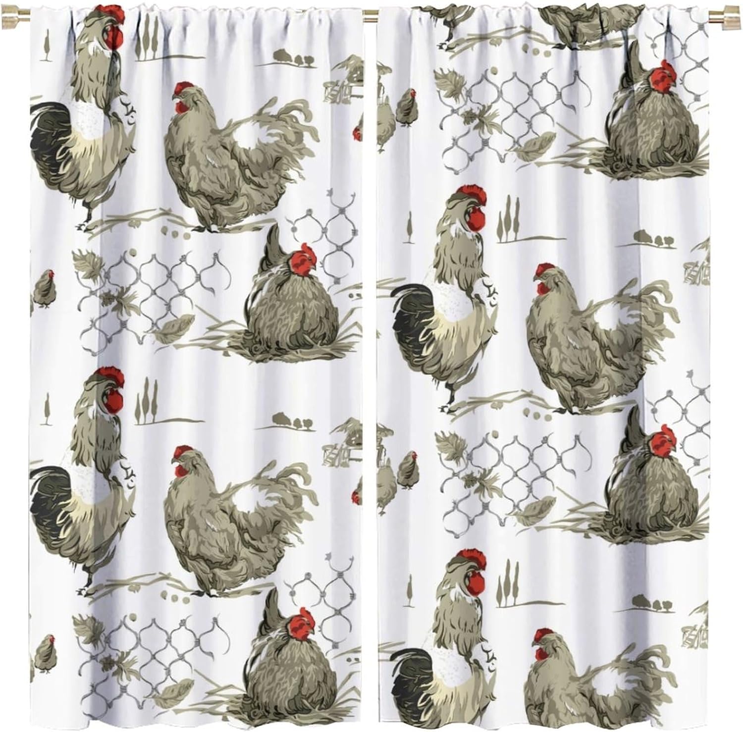 Modern Rustic Boho Chicken Curtains, Minimalist Pastel Farmhouse Rooster Seamless Pattern, Thermal Insulation Blackout Rod Pocket Window Treatments for Living Room Bedroom Kitchen Bathroom 42x45 Inch