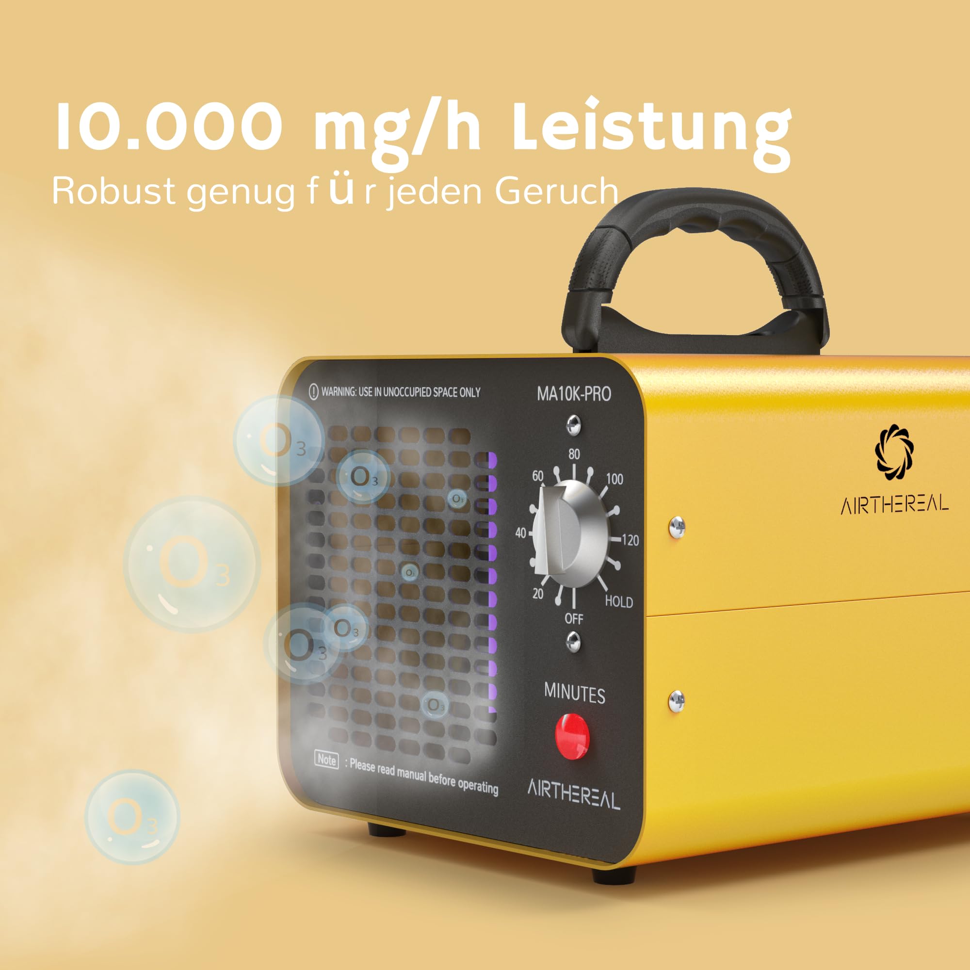 AIRTHEREAL MA10K-PRO Industrieller Ozongenerator 10.000mg/h – Professioneller O3 Geruchskiller mit Timer – Ozongerät für Keller, Auto, Rauch & Renovierung – Gelb