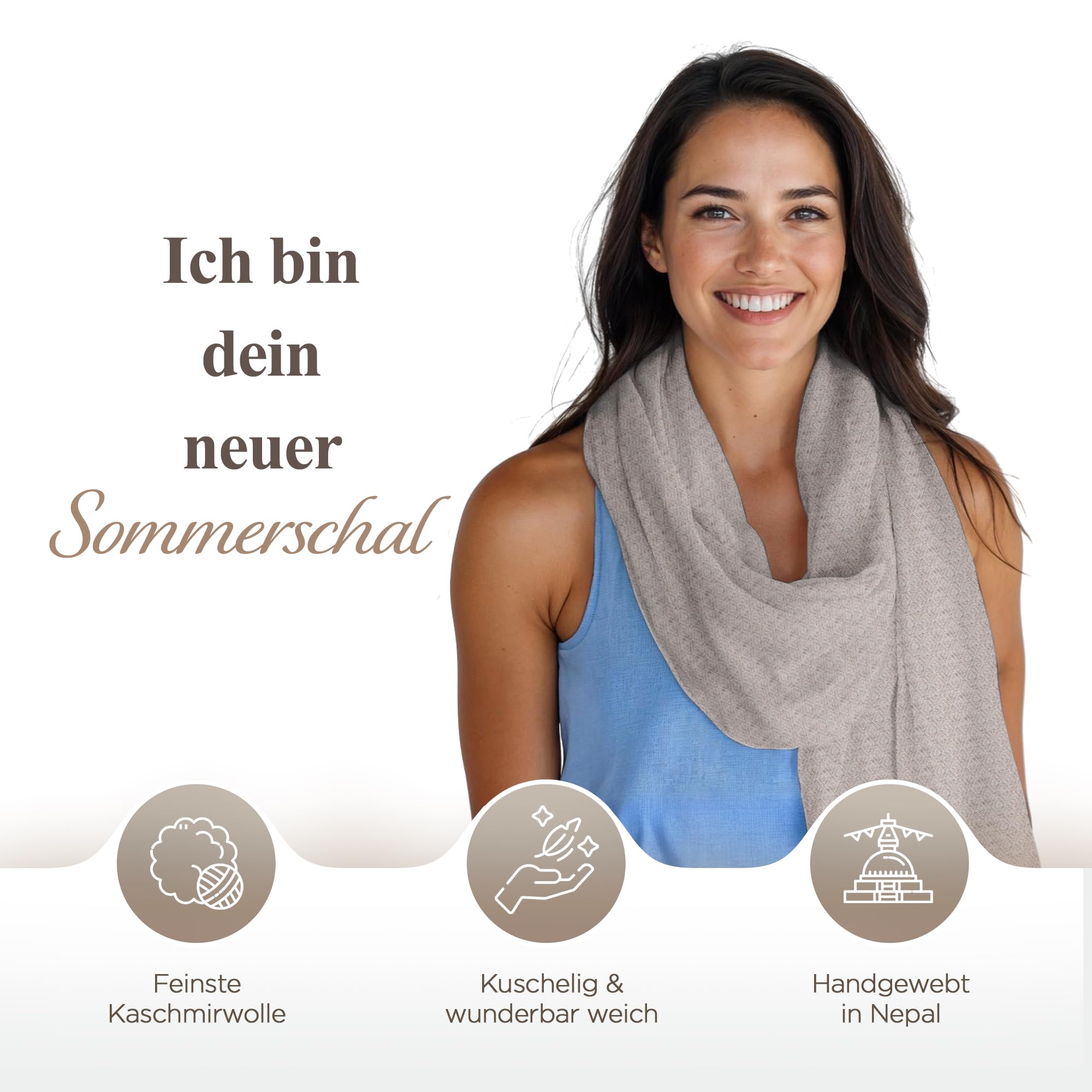 Sommerschal Damen aus 100% Kaschmir – Handgewebter Kaschmirschal mit Karomuster – Leichtes Halstuch, Stola & Tuch für Frühling & Sommer – Unisex, Hergestellt in Nepal (68x190 cm)