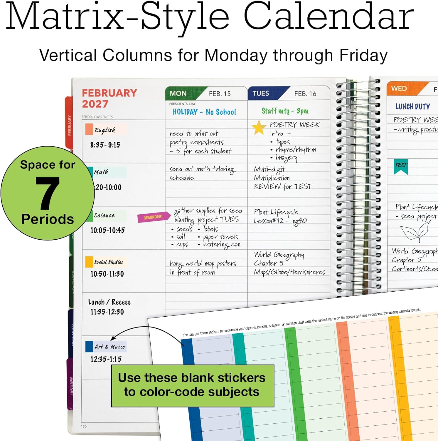 DELUXE TEACHER PLANNER Aug 2026-Jul 2027 8.5x11 Daily Weekly Monthly Organizers with 7 Periods, Pocket Folder, Dated Calendar, Page Tabs, Bookmark and Planning Stickers (Black Tree Seasons)