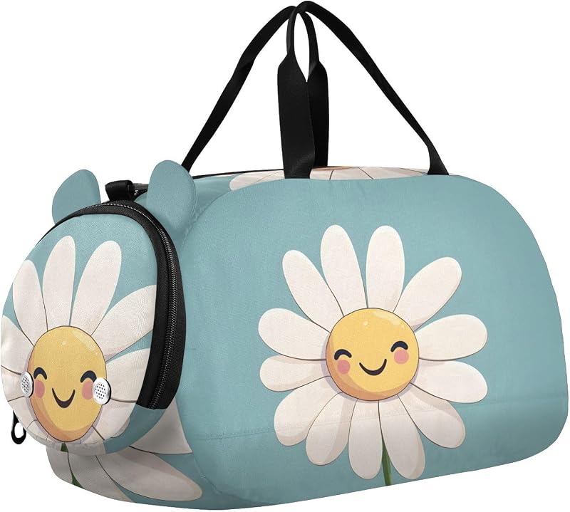 Bolsa de lona para niños, bolsa de gimnasio con compartimento para zapatos y separación de ropa húmeda, bolsa de viaje para la noche, margaritas blancas y sonrientes para niñas y niños