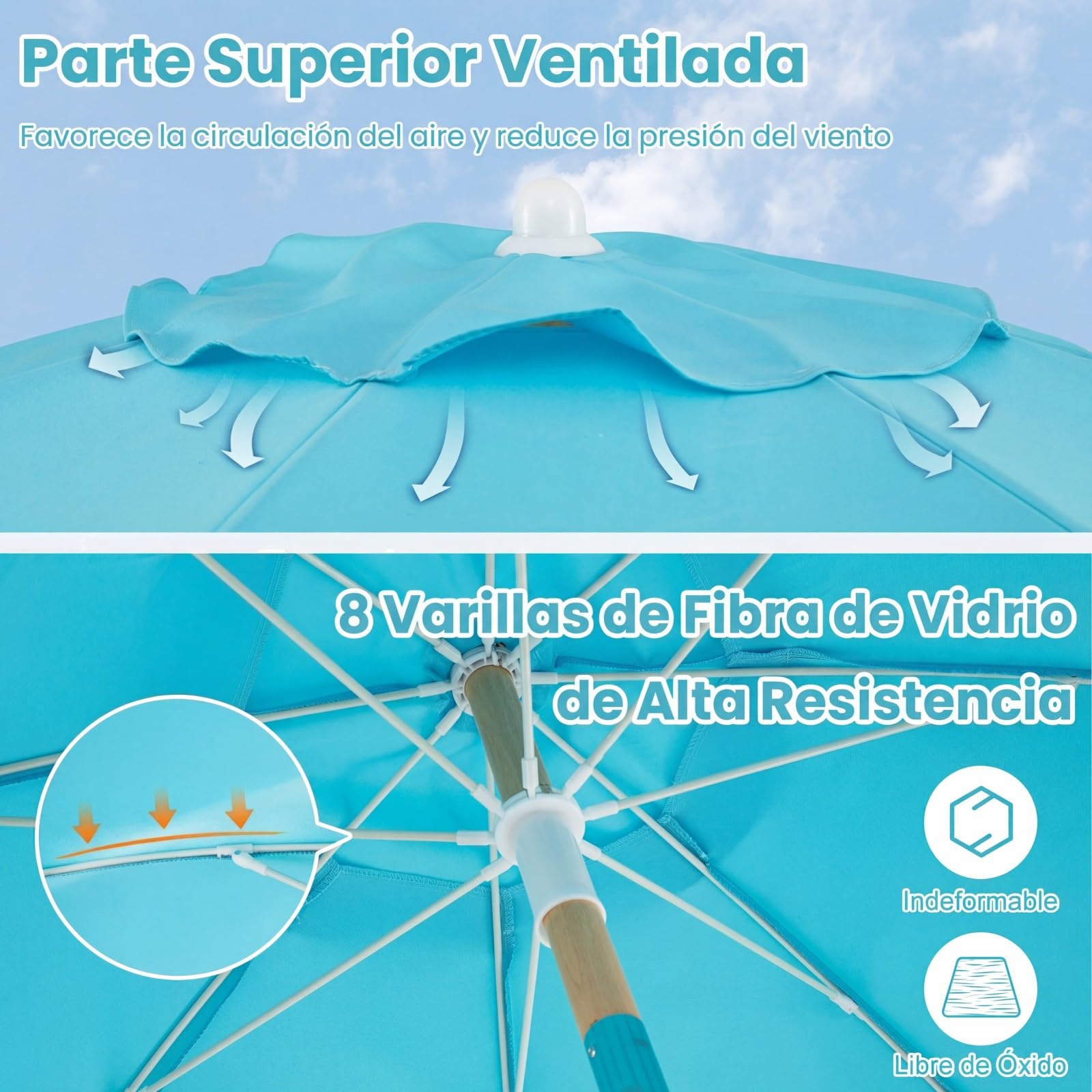 COSTWAY Sombrilla Playa Grande, 170 cm Sombrilla Terraza Exterior con Mástil de Madera, Inclinación 30°, 8 Varillas de Fibra de Vidrio y Borlas, Parasol Exterior de Flecos para Playa Jardín